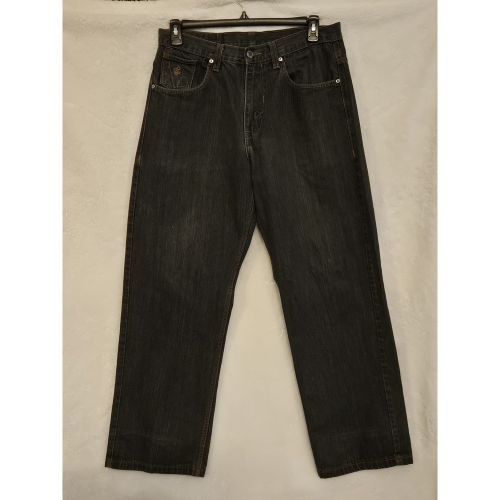 Rocawear Mens 34×32 Charcoal Denim Straight Jeans‎ Logo Accents 5-Pocket Regular